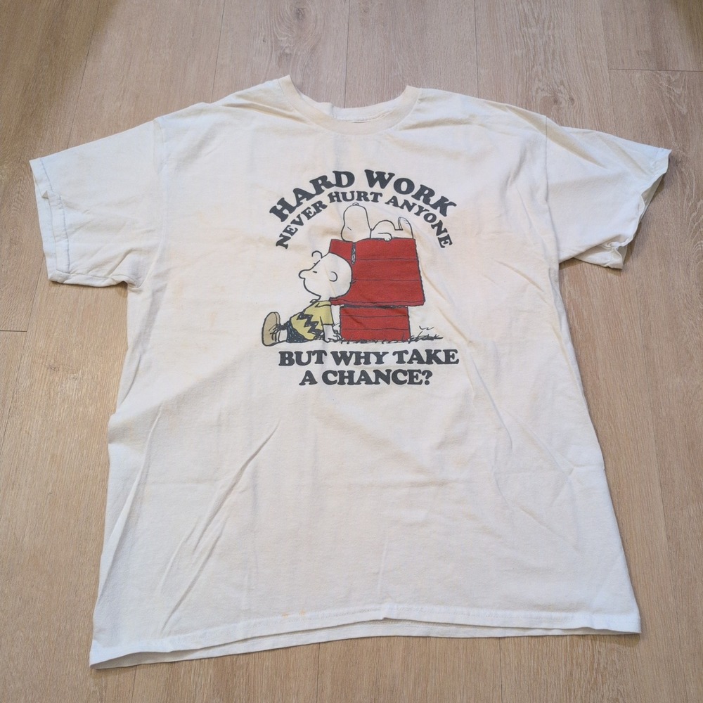 2012 Peanuts Adult Large Shirt Snoopy Hard Work But Why Take a Chance Doghouse